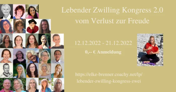 Lebender Zwilling Kongress 2.0 Anmeldebanner mit Teilnehmerfotos und Elke Brenner