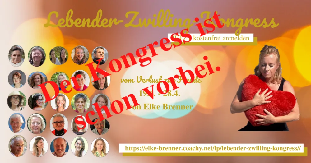 Lebender-Zwilling-Kongress Werbebanner mit Elke Brenner und Teilnehmerfotos