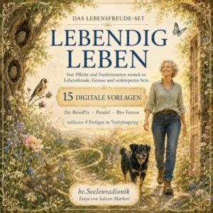 Cover Lebendig leben – 15 digitale Pendel- bzw ResoPix-Karten mit Frau und Hund in Blumenwiese