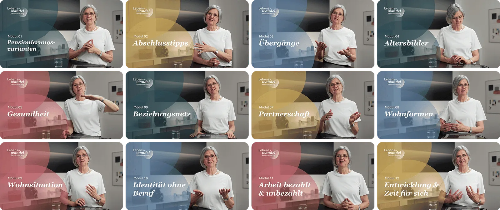 12 Kurs-Module im Raster mit Dr. Antonia Jann: Pensionierungsvarianten, Abschluss­tipps, Übergänge, Altersbilder, Gesund­heit