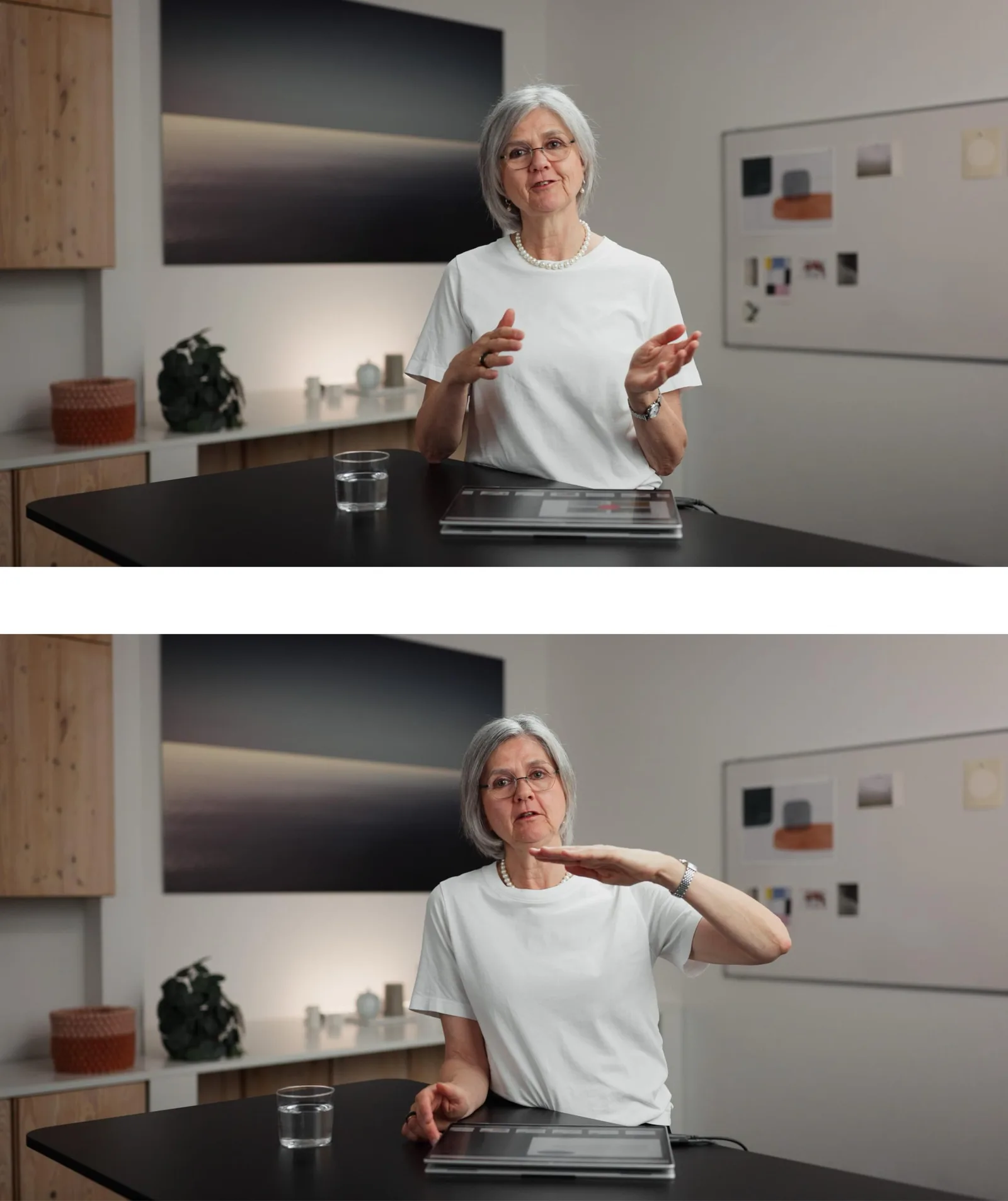 Dr. Antonia Jann in zwei Aufnahmen: oben gestikulierend am Tisch mit Tablet, unten nachdenklich mit Hand am Kinn, modernes Bü