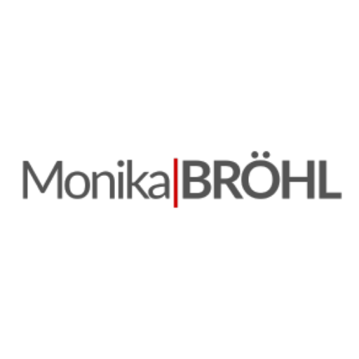 Monika Bröhl Logo mit grauem Text und rotem Trennstrich