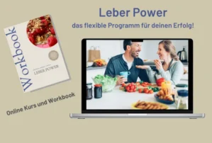 Leber Power Kurs-Mockup mit Workbook und Laptop zeigt Paar beim Kochen