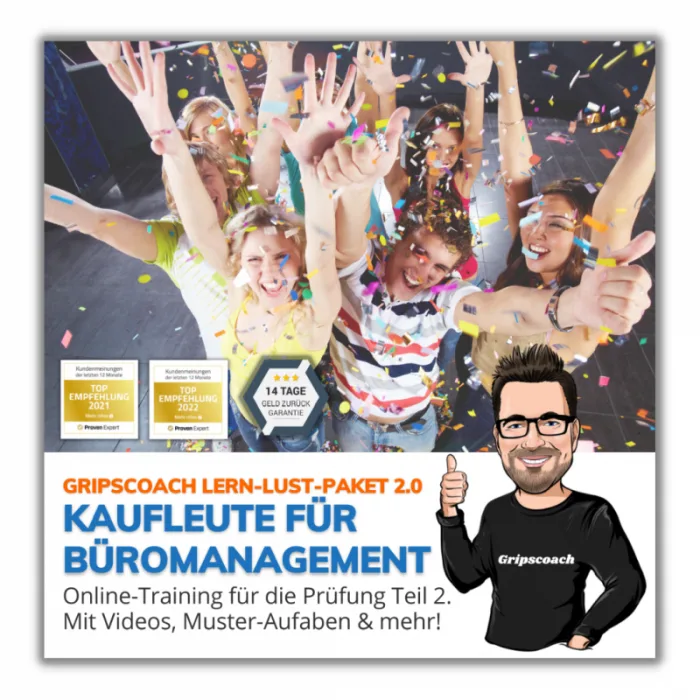 Lern-Lust-Paket 2.0 Kaufleute für Büromanagement mit feiernden Schülern und Gripscoach-Gründer René Buchinger