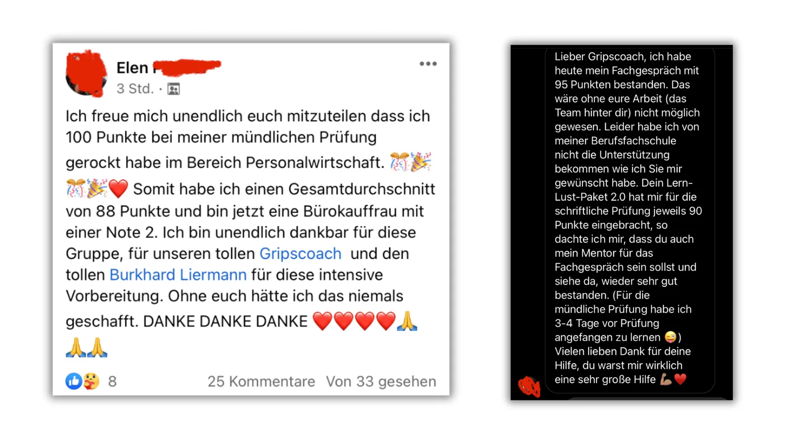 Zwei Kundenmeinungen von Elena und einer anonymen Person zu Gripscoach mit Lob für Unterstützung und hohe Punktzahlen