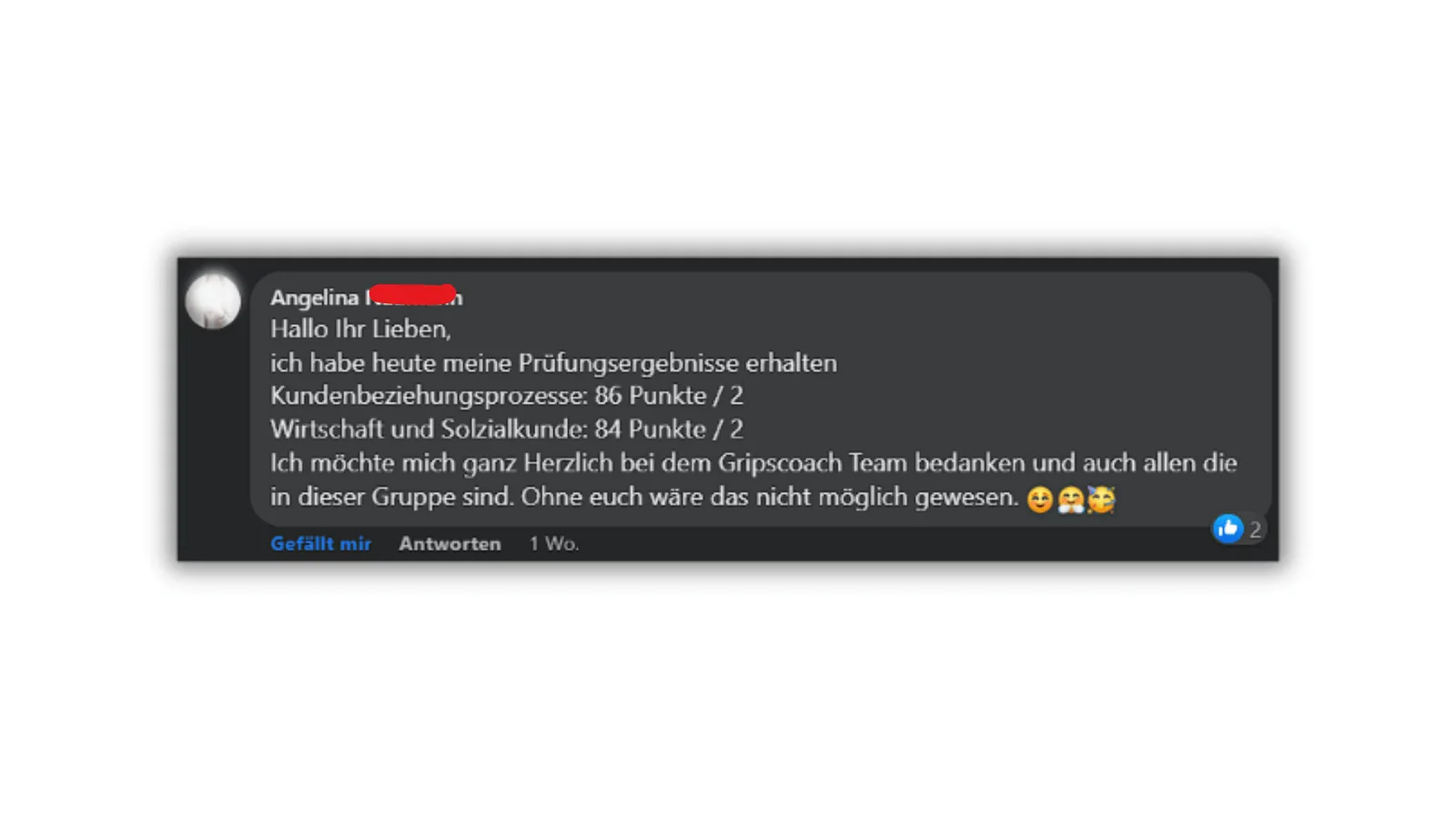 Kundenmeinung von Angelina zur Prüfung mit 86 Punkten Kundenbeziehungsprozesse und 84 Punkten Wirtschaft und Sozialkunde