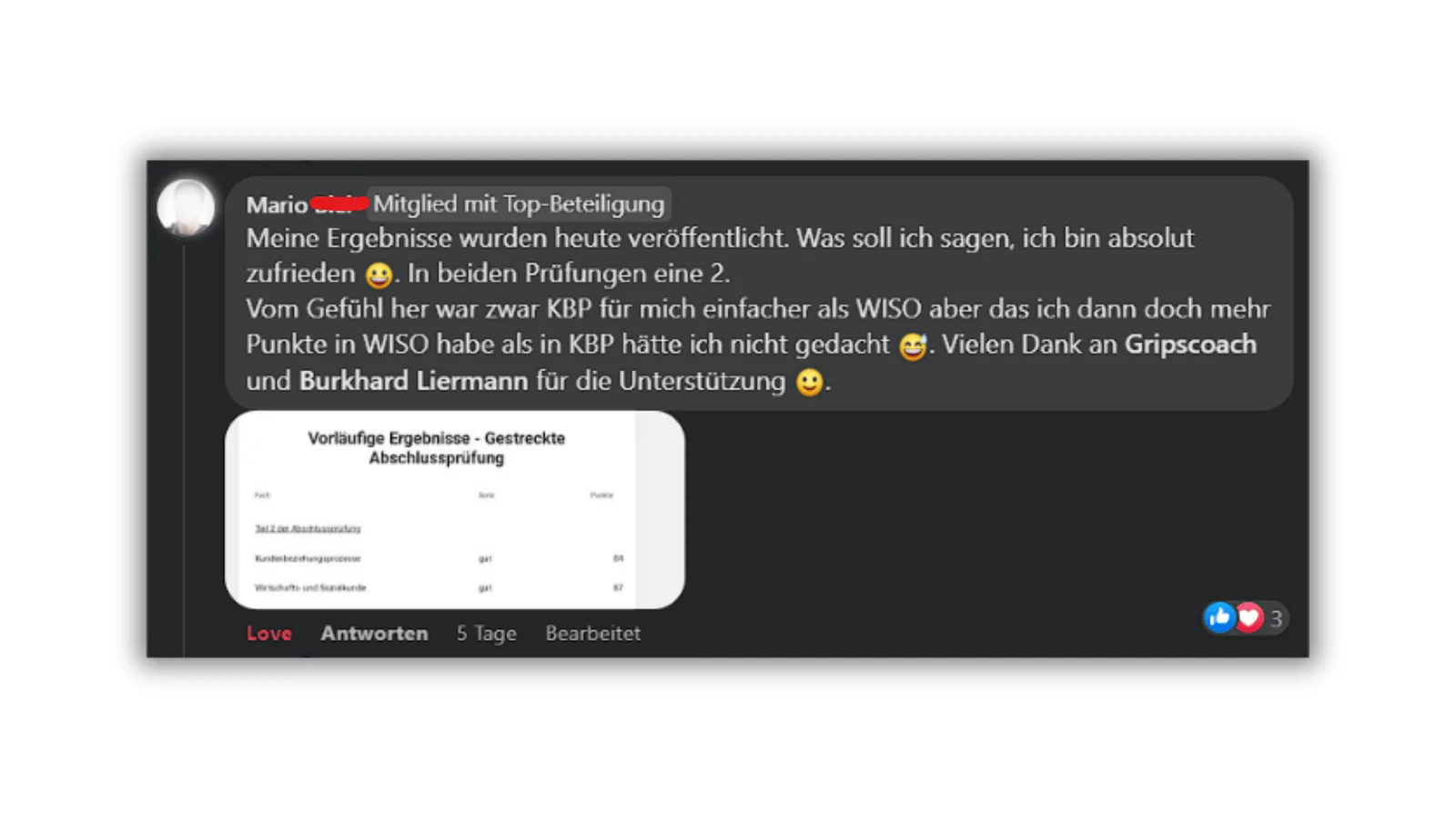 Kundenmeinung von Mario mit Prüfungsergebnissen in zwei Fächern und Dankschreiben an Gripscoach und Burkhard Liermann