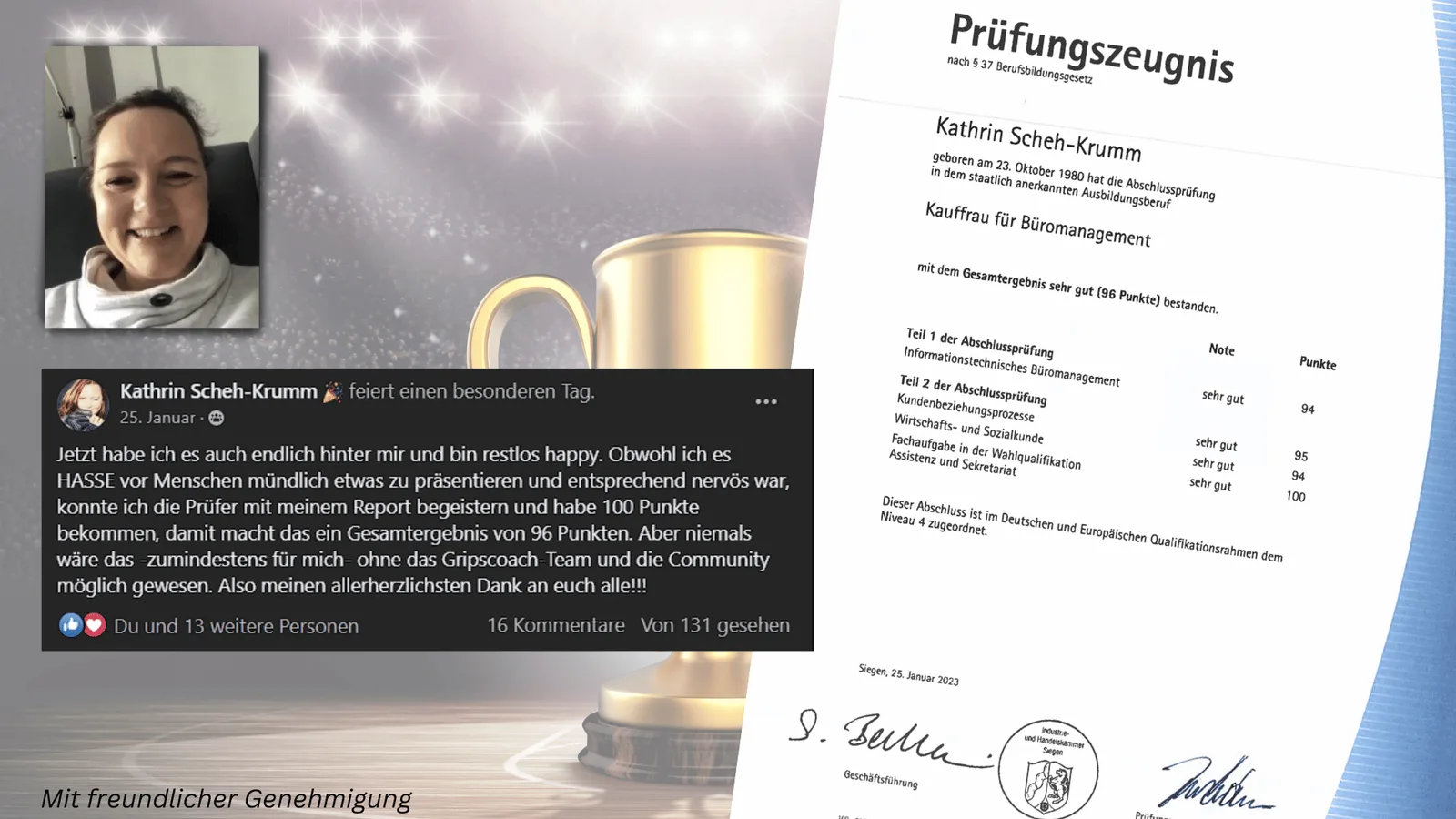 Prüfungszeugnis und Glückwunsch-Post von Kathrin Scheh-Krumm mit 96 Punkten als Kauffrau für Büromanagement