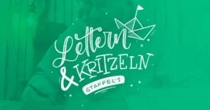 Lettern und Kritzeln Staffel 1 Kurscover mit grünem Hintergrund, weißer Schrift und Papierschiff-Illustration