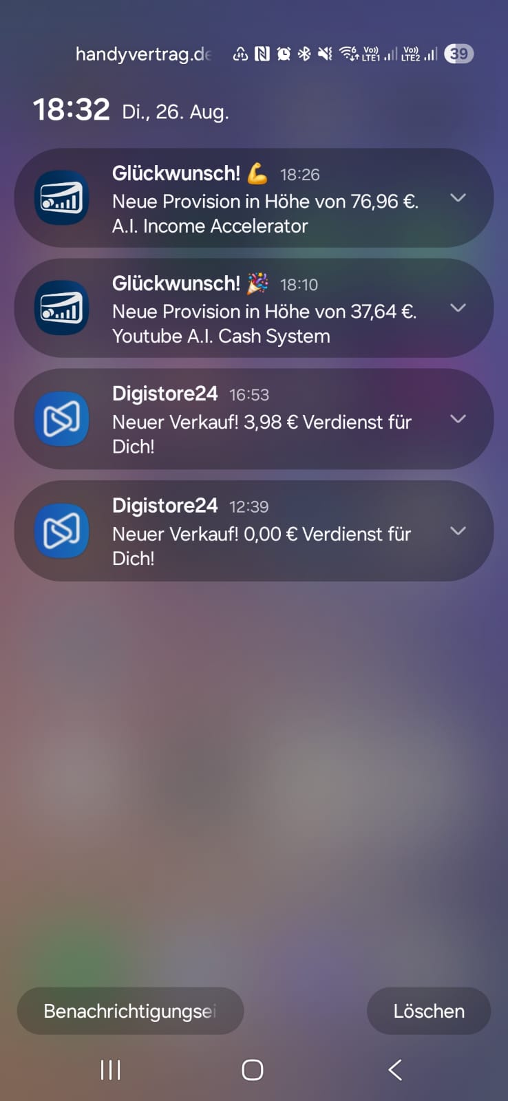 CopeCart und Digistore24 Provisionsbenachrichtigungen auf einem Smartphone-Bildschirm mit Beträgen von 76,96 €, 37,64 € und 3