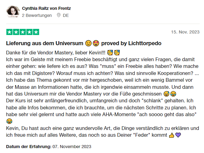 Fünf-Sterne-Bewertung von Cynthia Raitz von Frentz zur Vendor Mastery vom 15. November 2023