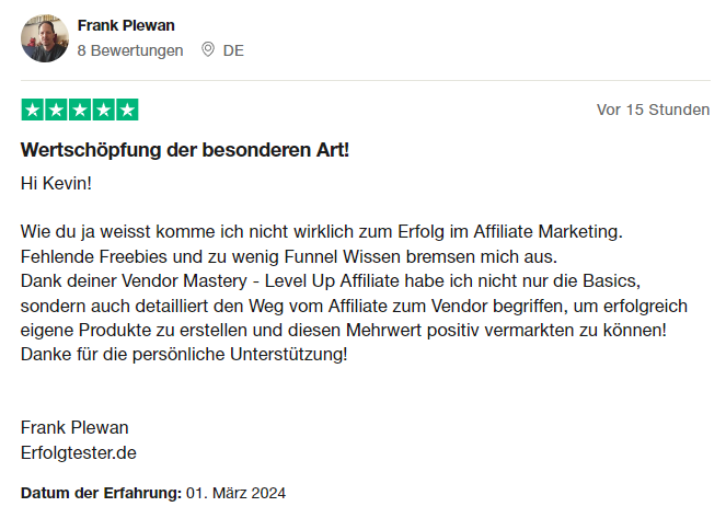 Fünf-Sterne-Bewertung von Frank Plewan zur Vendor Mastery vom 1. März 2024
