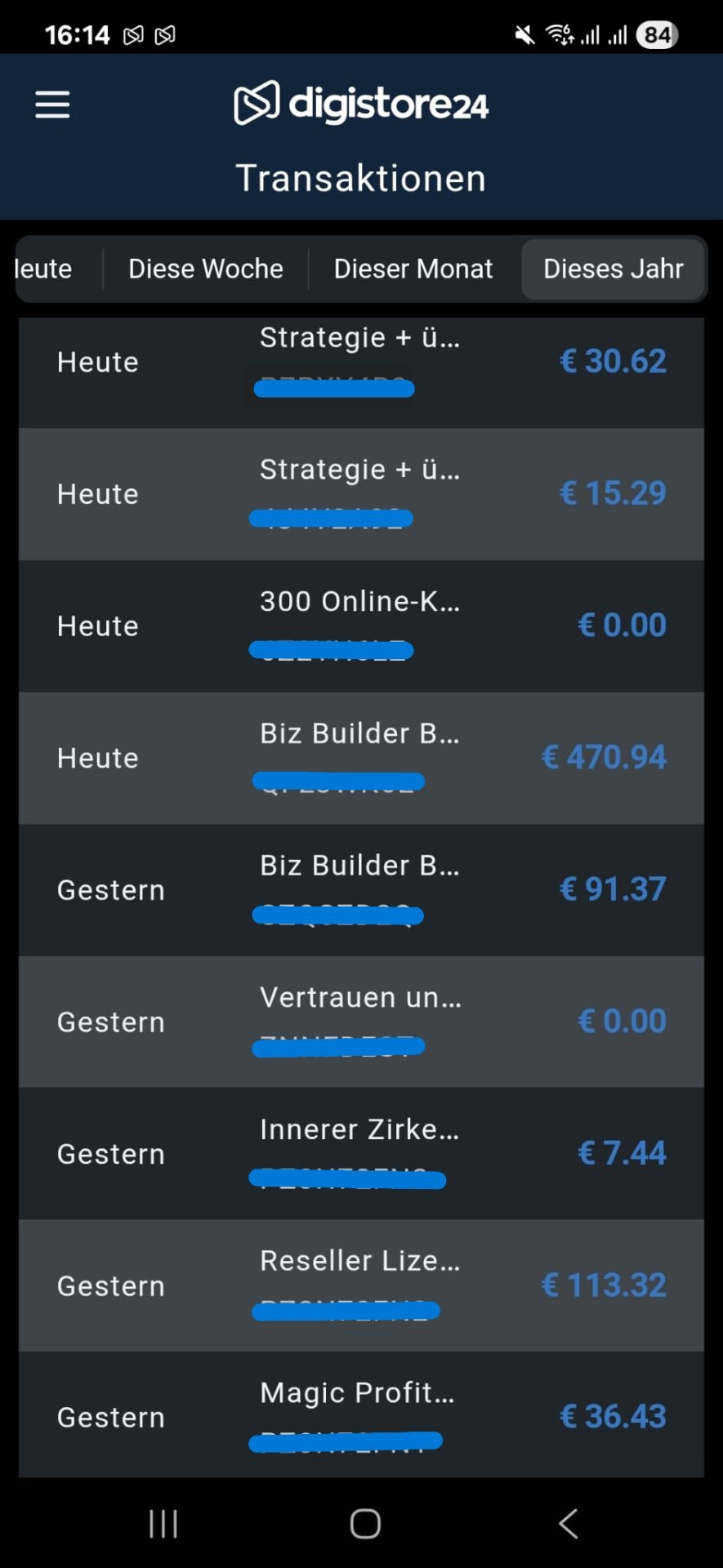 Digistore24 Transaktionsübersicht – tägliche und gestrige Verkäufe mehrerer Kurse mit Verdiensten