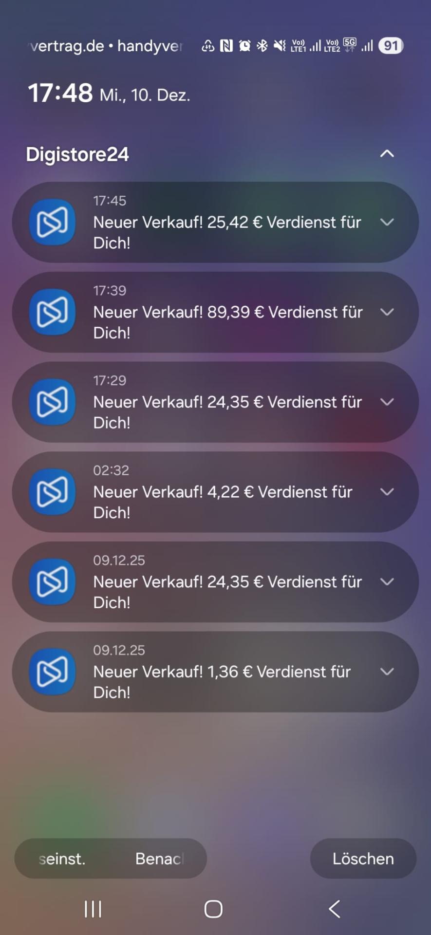 Digistore24 Verkaufsbenachrichtigungen – sechs Verkäufe mit Verdiensten von 1,36 € bis 89,39 €
