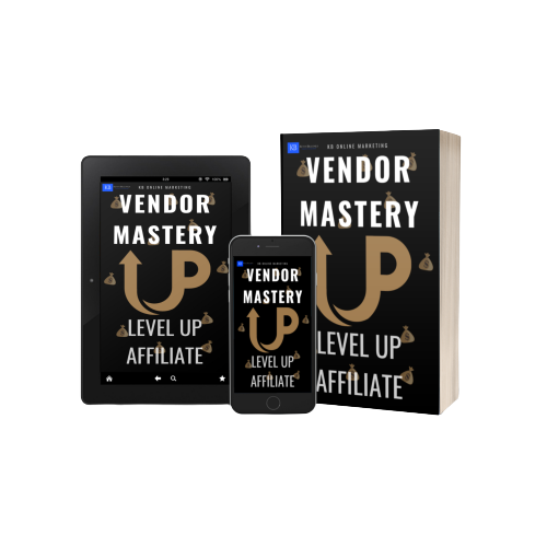 Vendor Mastery Videokurs Mockup – Level Up Affiliate auf Tablet, Smartphone und Buch