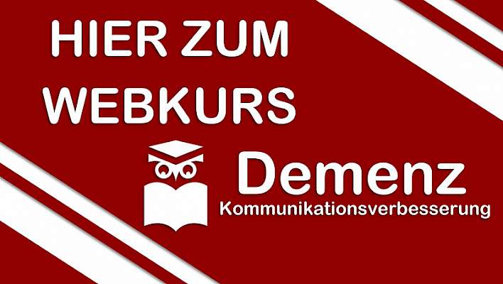 Level up your UK Academy – Kurs Verständigung ohne Sprache 2 Banner mit dunkelrotem Hintergrund und weißen Streifen: "HIER ZUM WEBKURS" mit Demenz Kommunikationsverbesserung Logo