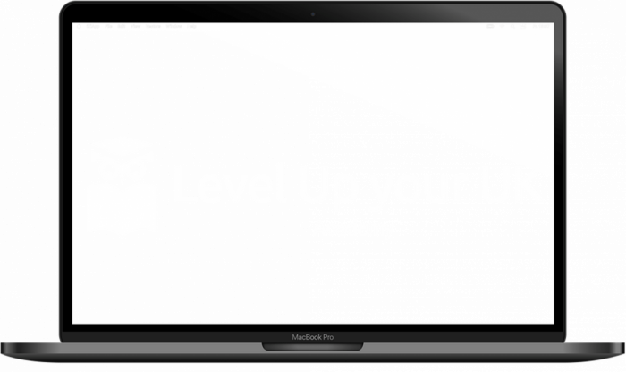 Level up your UK Academy – Kurs Verständigung ohne Sprache 8 MacBook Pro Laptop mit leerem weißem Bildschirm, Frontalansicht verkleinert