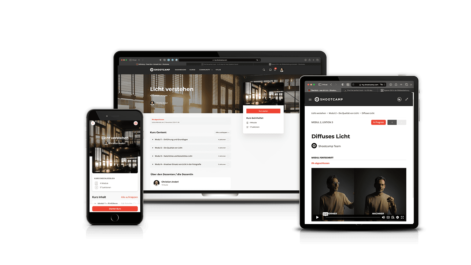 Responsive Mockup des Licht verstehen Kurses auf Desktop, Tablet und Smartphone