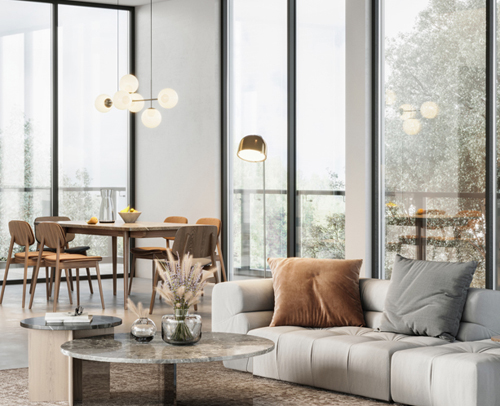 Modernes Wohnzimmer mit Sofa, Pendelleuchten und Designerleuchten - Lichtplanung Button