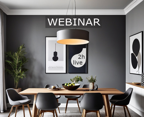 Modernes Esszimmer mit Holztisch, schwarzen Stühlen und hängender Pendelleuchte, Webinar-Schriftzug