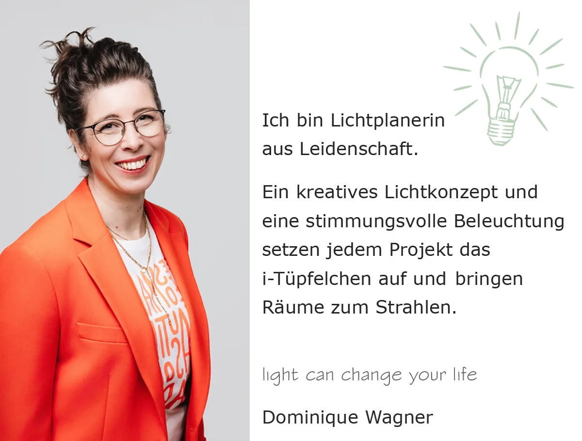 Titelbild: Dominique Wagner mit Text 'Ich bin Lichtplanerin aus Leidenschaft' und Glühbirnen-Grafik