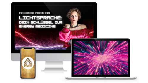 Lichtsprache Workshop Hero mit Stefanie Bruns, Smartphone, Desktop und Laptop auf schwarzem Hintergrund mit energetischen Lic
