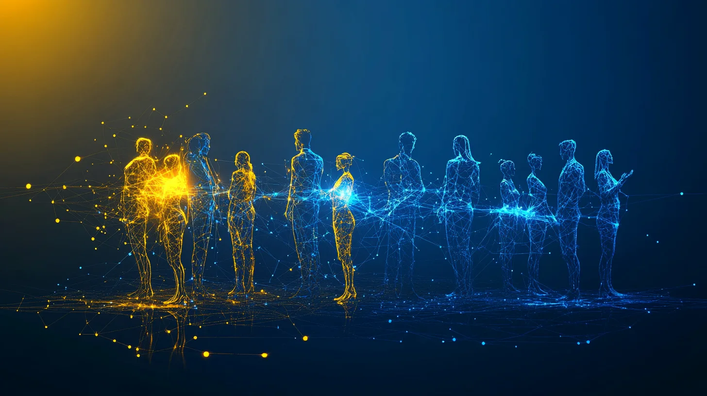 Digitale Netzwerk-Visualisierung mit leuchtenden Menschenfiguren in Gold und Blau, die durch Linien verbunden sind