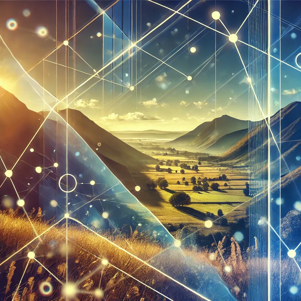 Berglandschaft mit Wiese, durchsichtige Geometrie und Verbindungspunkte in Gold und Blau, Konzept Vision und Verbindung