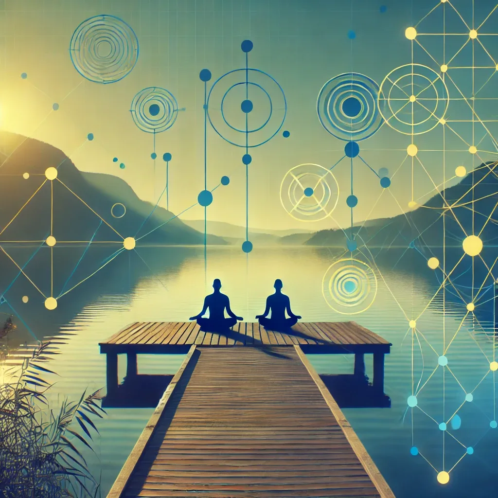 Zwei mediitierende Silhouetten auf Steg am See, umgeben von Netzwerk-Geometrie und Verbindungspunkten in Gold und Blau