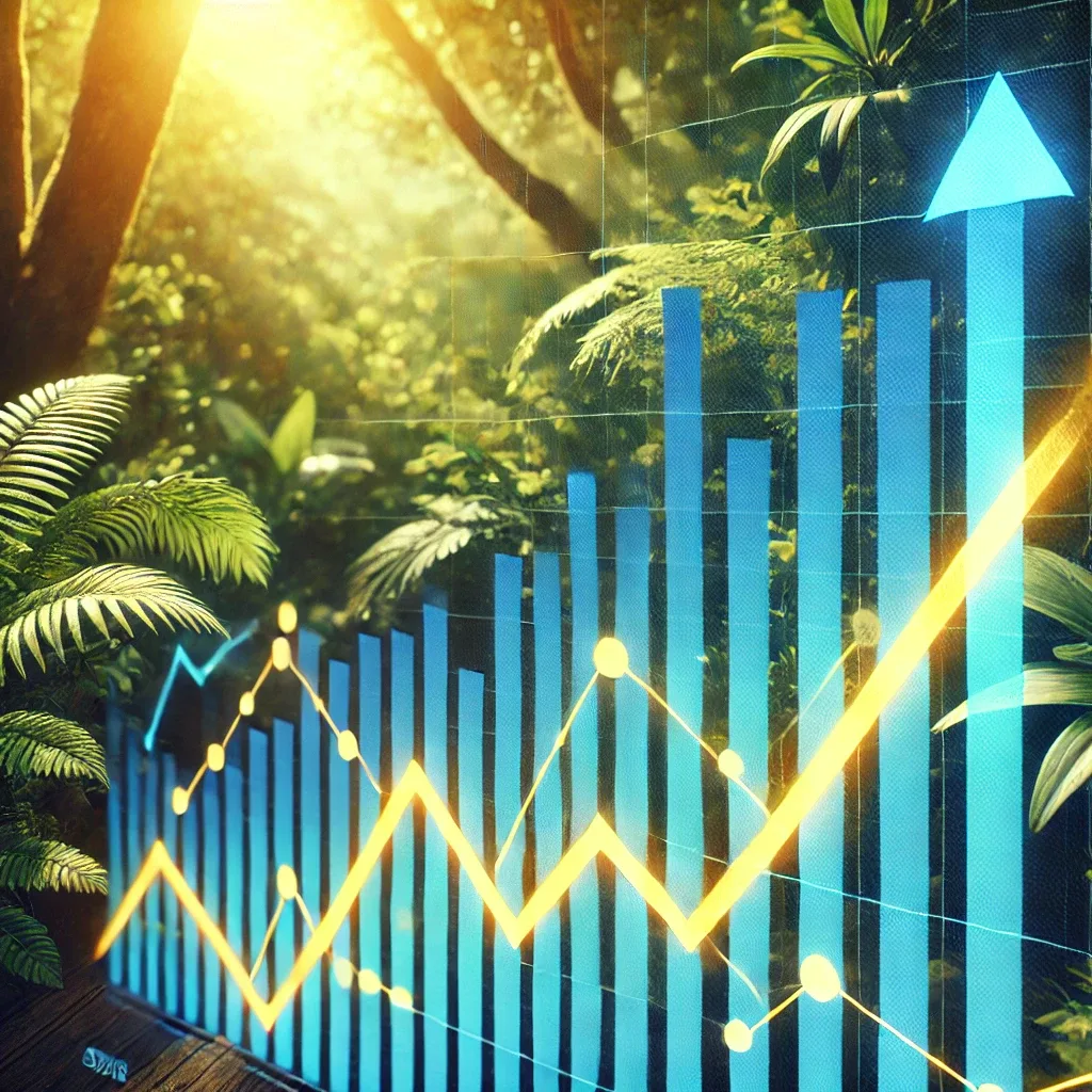 Dschungellandschaft mit Finanz-Balkendiagramm und Wachstumskurve in Cyan und Gold, symbolisiert Wohlstand und Wachstum