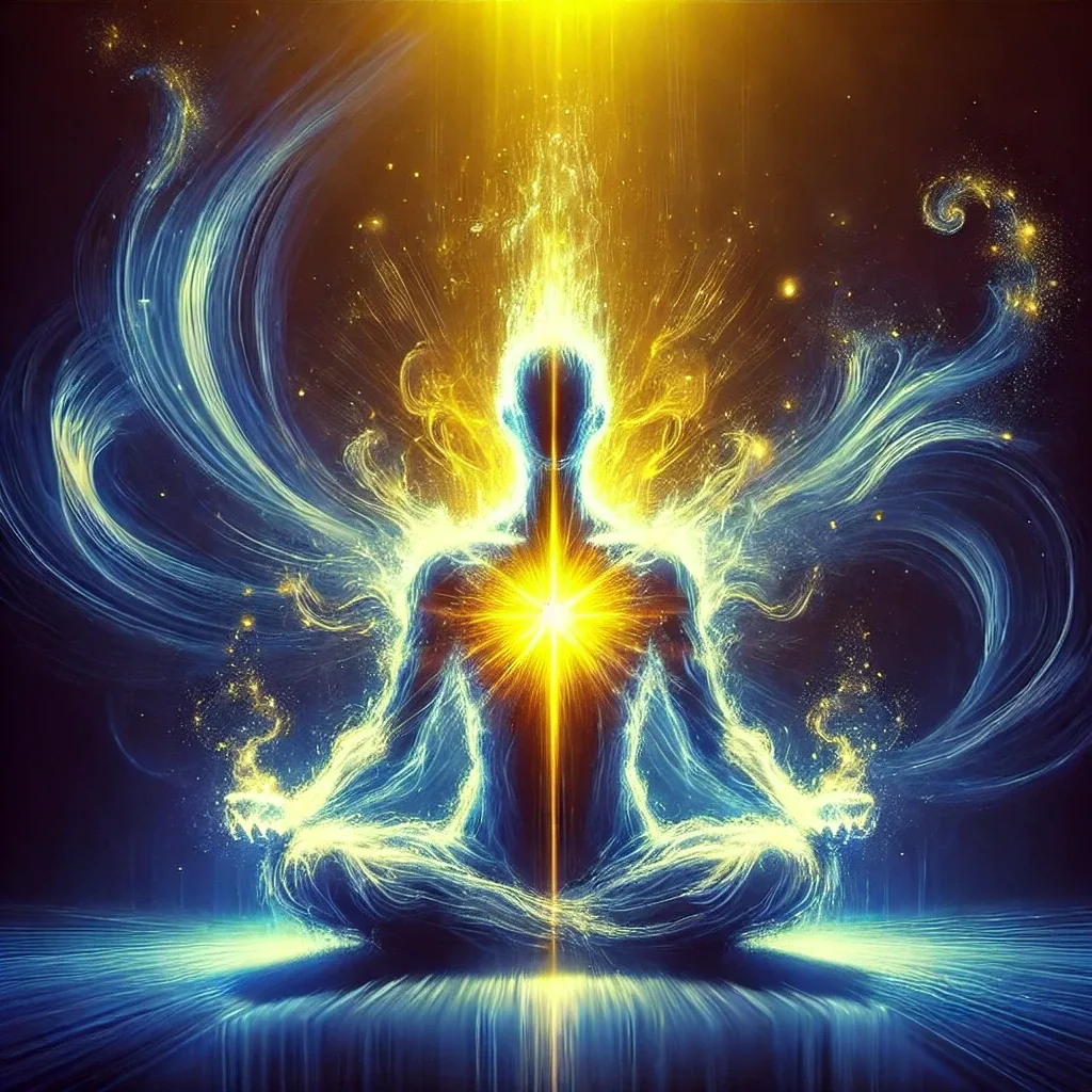 Leuchtende Meditationsfigur mit spiritualischer Aura in Gold und Blau, abstrakte Energiestrahlen, tiefe Präsenz