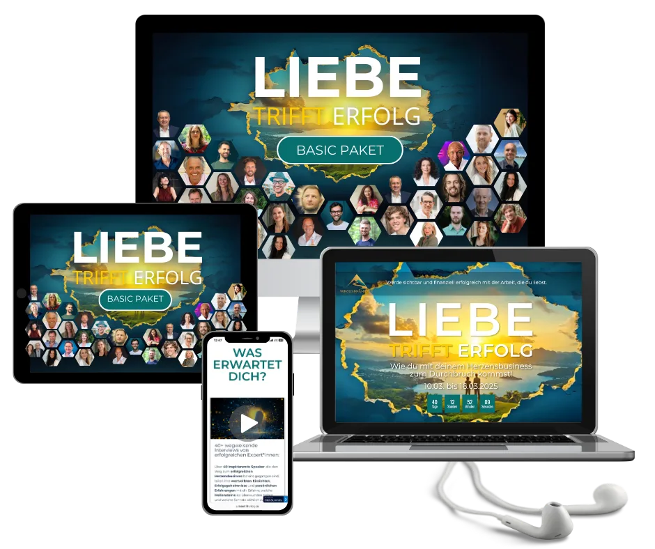 Mockup des Liebe trifft Erfolg Basic Pakets auf Desktop, Tablet und Smartphone mit Landkarte und Teilnehmerfotos
