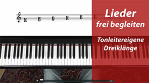 Klaviatur und Musiknotation mit Akkordbezeichnungen für Dreikling-Begleitung