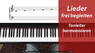 Musiknotation und Klaviatur zur Harmonisierung mit Tonleiter-Akkorden
