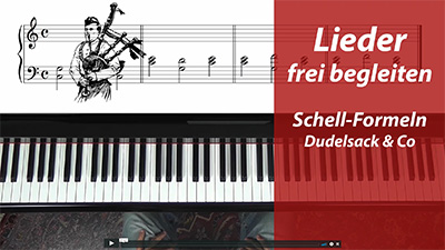 Bagpiper-Illustration mit Musiknotation und Klaviatur für Schell-Formeln