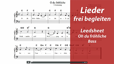 Liedblatt "O du fröhliche" mit Melodie, Akkorden und Bassnotation