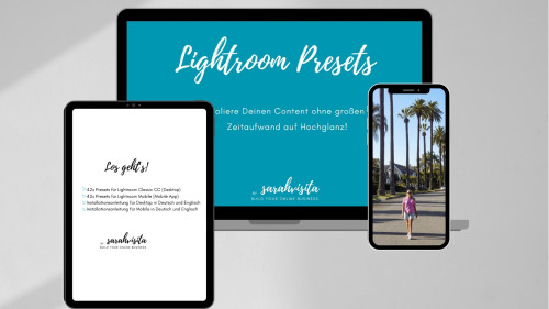 Lightroom Presets Mockup mit Tablet, iPad und Smartphone auf türkisem Hintergrund