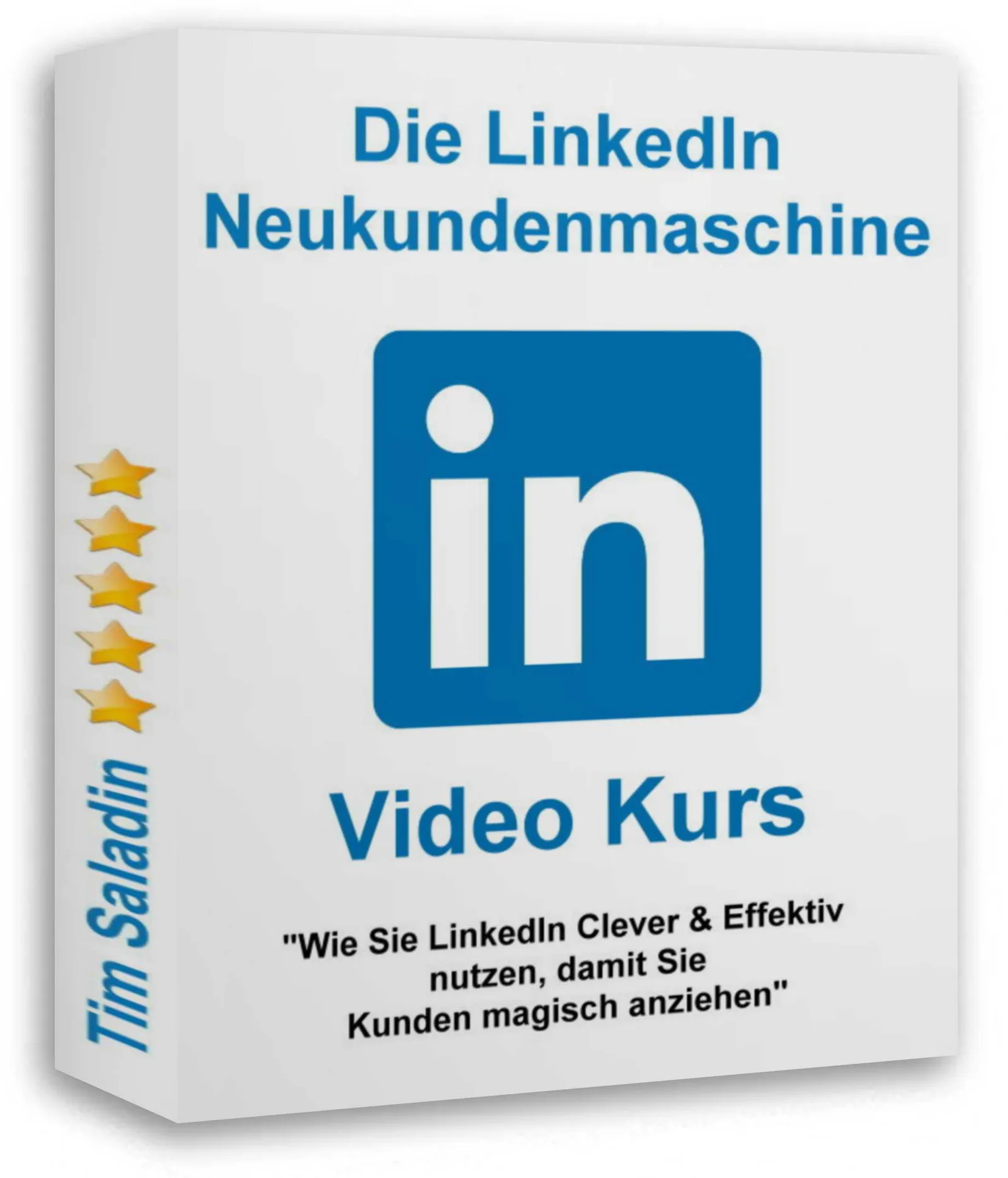 Produktbox des Videokurses Die LinkedIn Neukundenmaschine mit LinkedIn-Logo, Titel und fünf Sternen