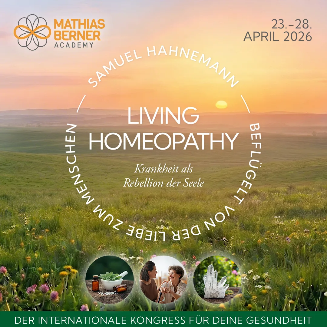 Poster Living Homeopathy Kongress April 2026 mit Wiesenlandschaft und Referentendaten