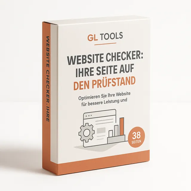 Produktbox Website Checker von GL Tools mit Website- und Zahnrad-Illustration in Orange