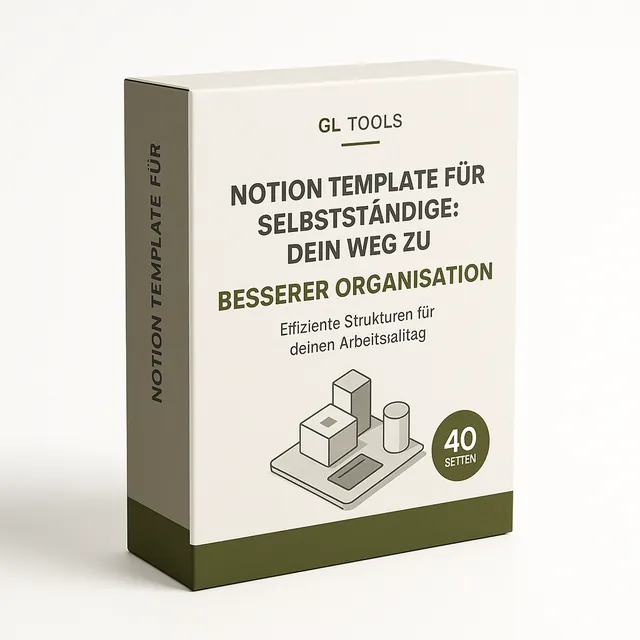 Produktbox Notion Template für Selbstständige von GL Tools mit Ordner- und Smartphone-Illustration in Grün