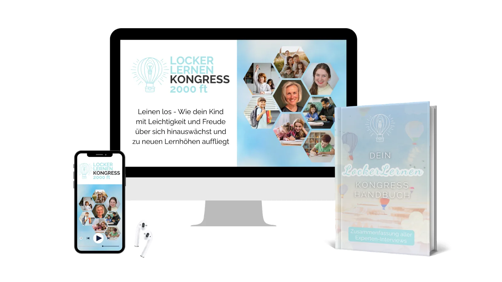 Mockup LockerLernen Kongress 2000 ft auf Desktop, Tablet und Smartphone mit Kongresshandbuch