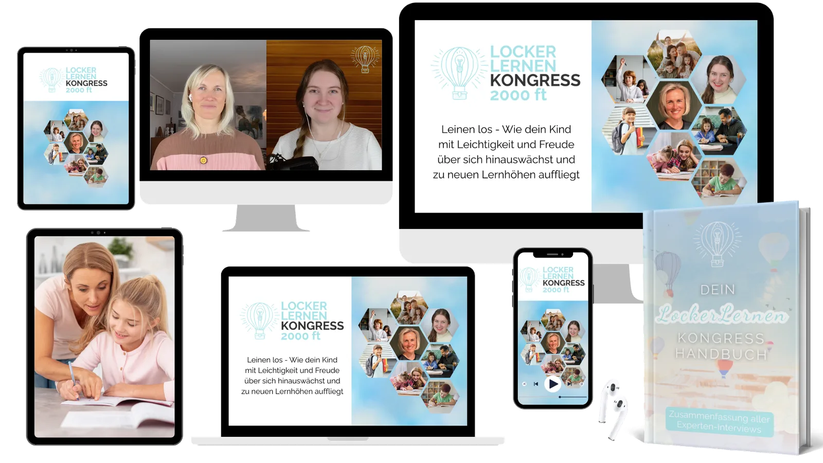 Webinar-Szene und Kongress-Mockup auf mehreren Geräten: Desktop, Tablet, Smartphone mit Experten und Handbuch