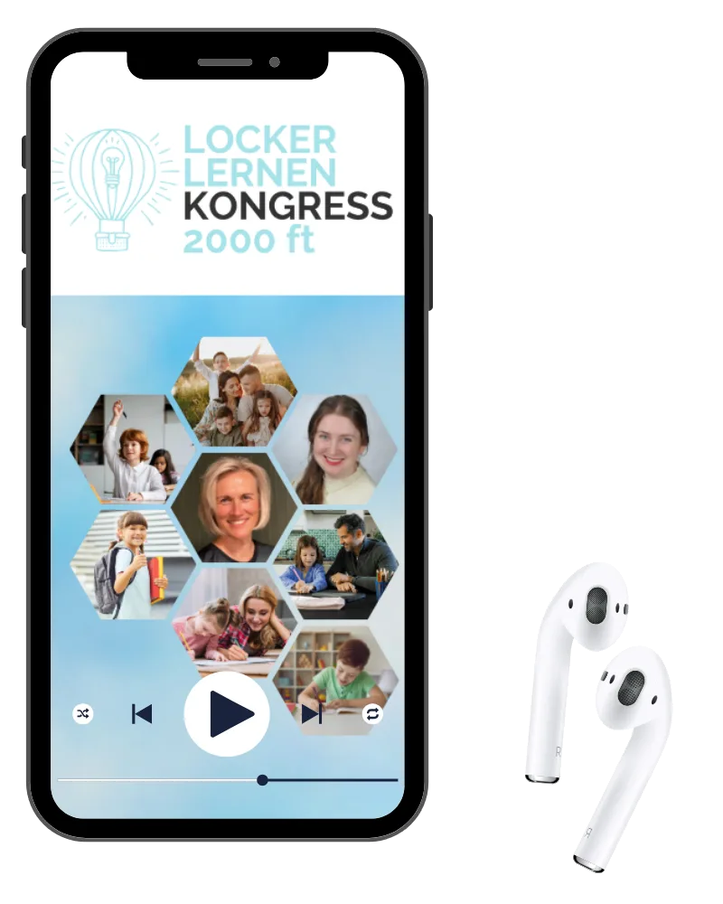 Smartphone-Display mit LockerLernen Kongress App und Airpods, Mediaplayer sichtbar