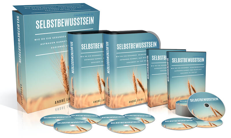 Loslassen – Audiokurs zur Vergebung von André Loibl 8 Selbstbewusstsein Bundle mit türkisen Boxen, Discs und Weizenfeld-Motiv
