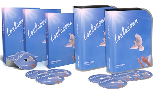 Loslassen – Audiokurs zur Vergebung von André Loibl 5 Loslassen Produktpaket mit mehreren Boxen, Discs und Tauben-Motiv in Blau