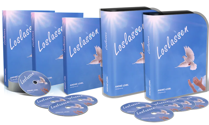 Loslassen – Audiokurs zur Vergebung von André Loibl 6 Produktpaket Loslassen von André Loibl mit Boxen, DVDs und CDs in Blau mit weißer Taube