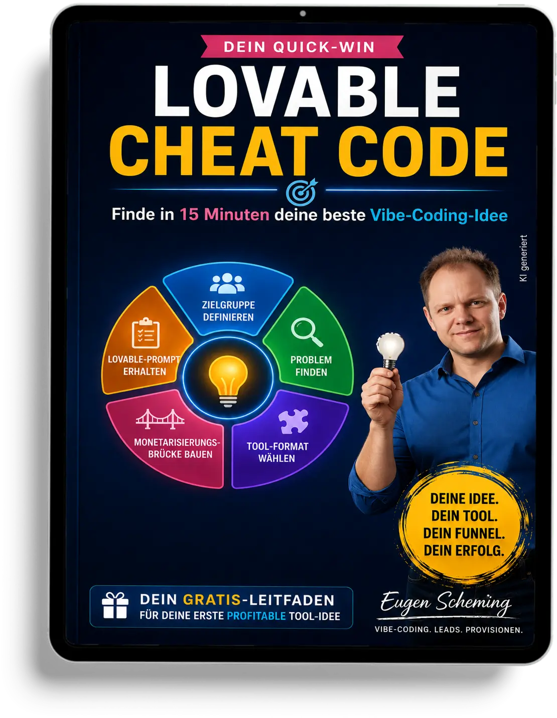 iPad-Mockup des Lovable Cheat Code E-Books mit identischem Cover-Design auf Displaygerät