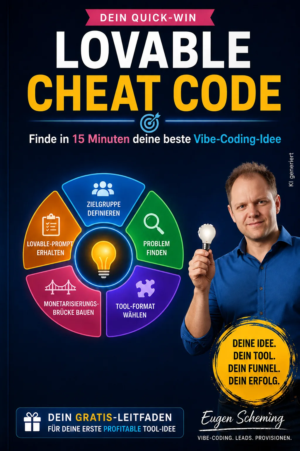 Cover des Lovable Cheat Code E-Books mit 5-Schritte-Rad, Autorenfoto und gelbem Erfolgszitat