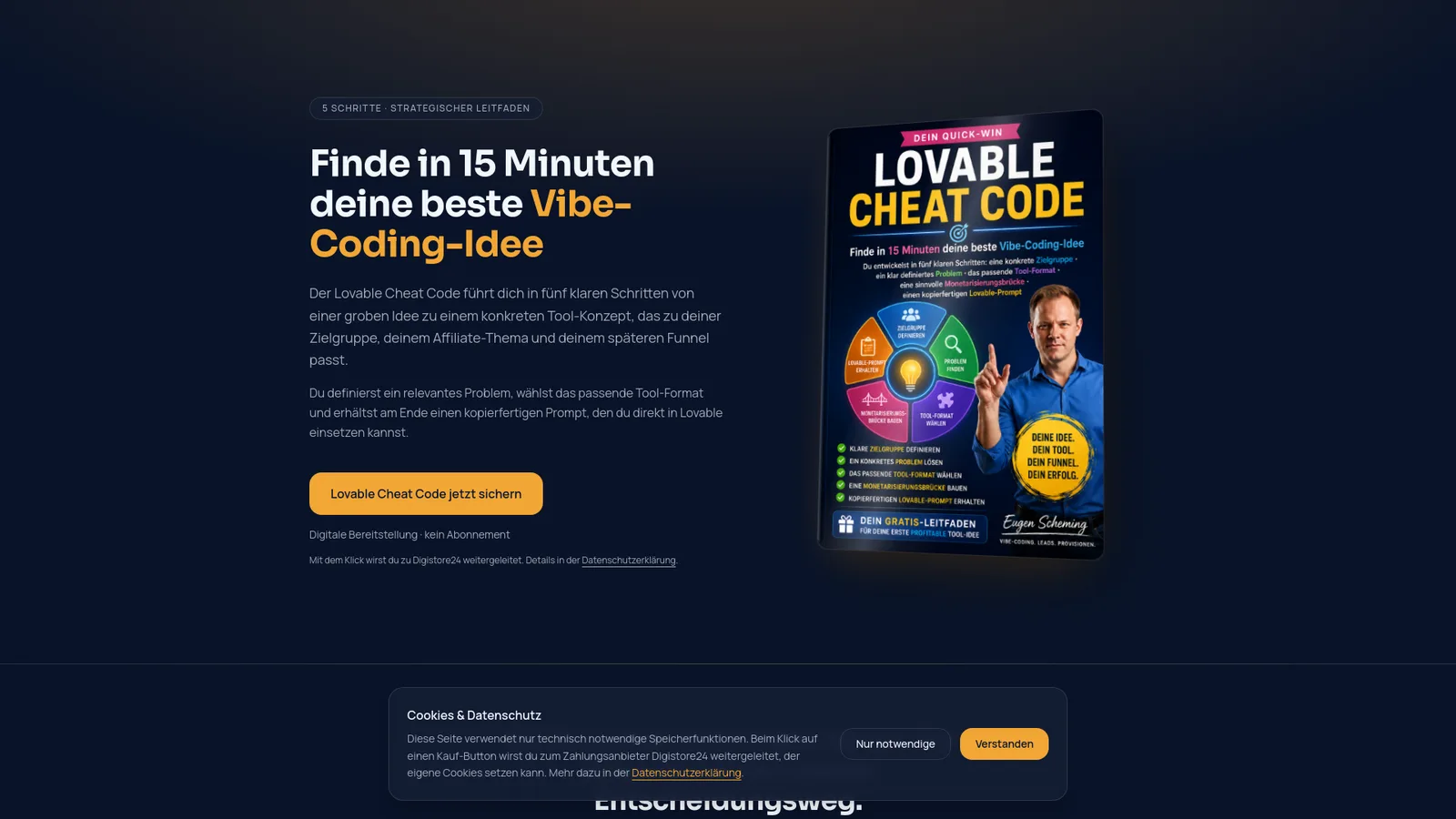 Hero-Section mit Lovable Cheat Code Pitch und Produktabbildung auf dunklem Hintergrund